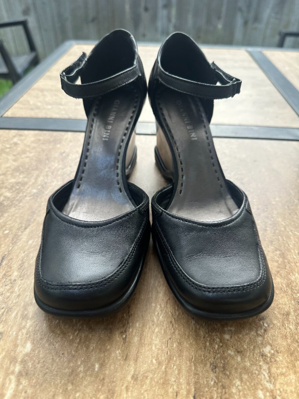 Vintage Gianni Bini Black Leather Wedge Pumps Square Toe Ankle Strap 7.5M